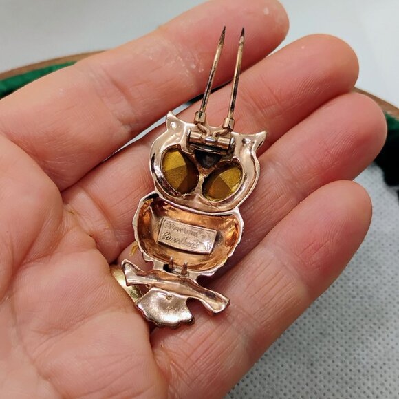 Vtg Coro Sterling Silver Green Owl Brooch/ Fur Clip & Screw Back Earrings Set - Picture 8 of 12